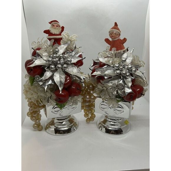 Vintage MCM Pair Christmas Holiday Mr & Mrs Clause Floral Centerpieces 11” Tall - Picture 1 of 12